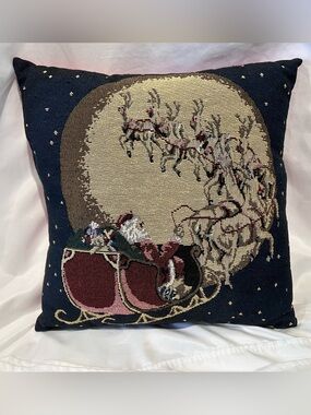Vintage Kmart Christmas Tapestry Pillow Santa Sleigh Reindeer 14”